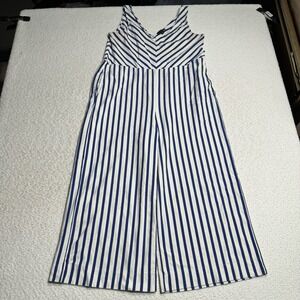 J.Crew Womens Jumpsuit Blue White Striped Nautical Sleeveless Capri Wide Leg 14